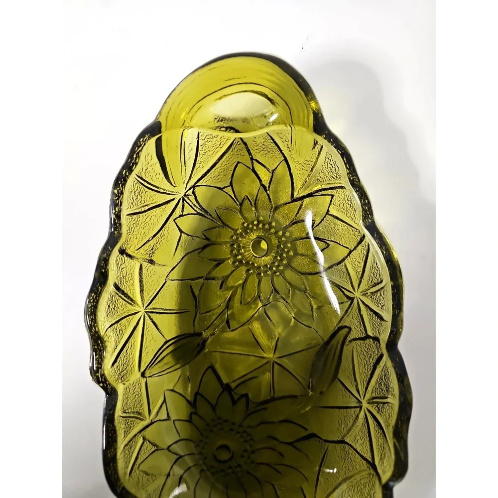 Vintage Indiana Glass Lily Pons Avocado Green Sunflower Oval Relish Tray Dish